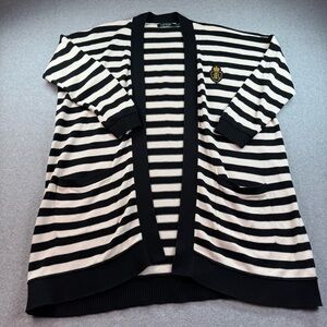 LAUREN Ralph Lauren Cardigan Womens 2X Black White Striped Crest Emblem Sweater